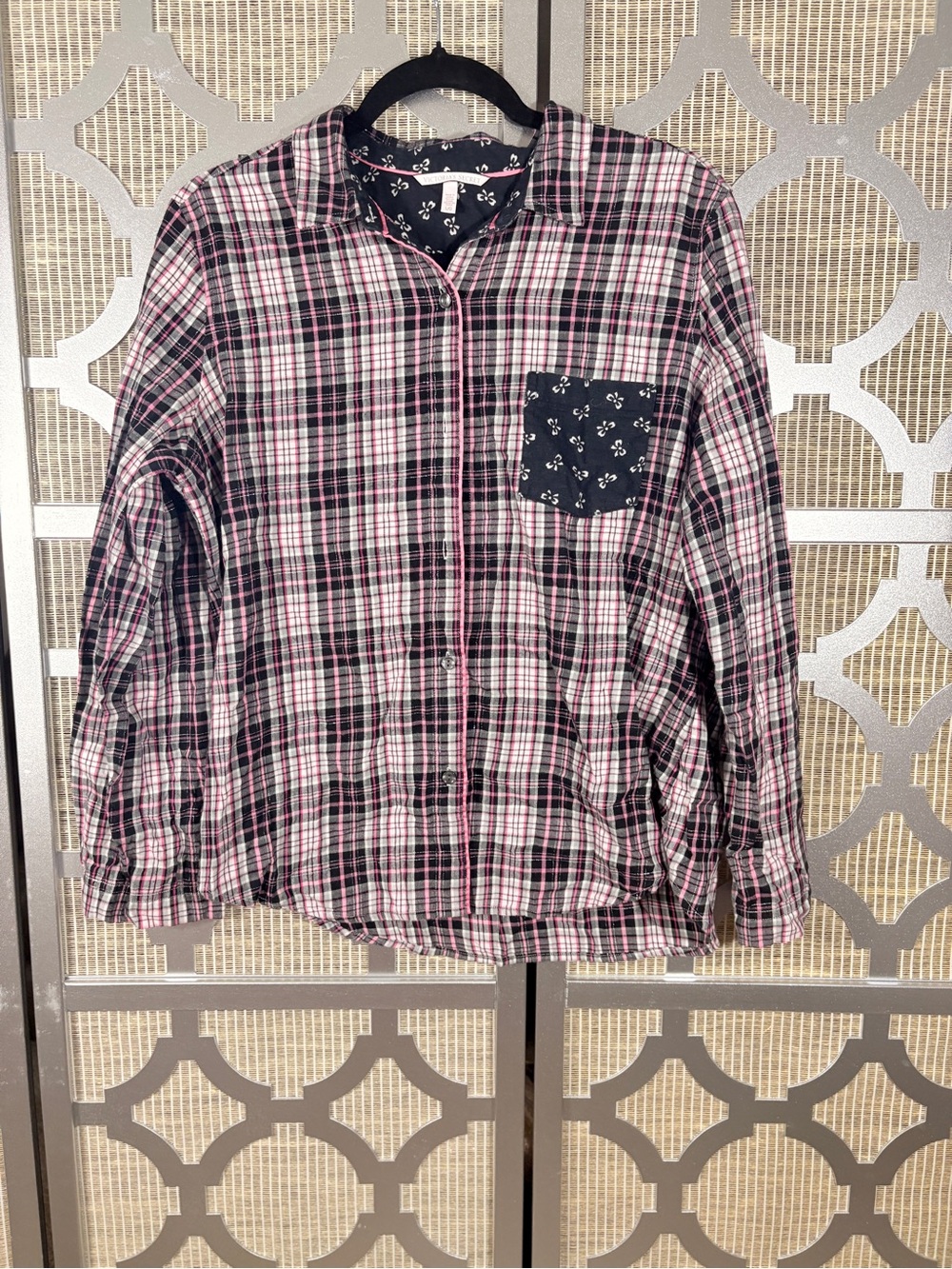 Victoria's Secret Pink and Black Plaid Pajama Button-Up with Contrast Pocket